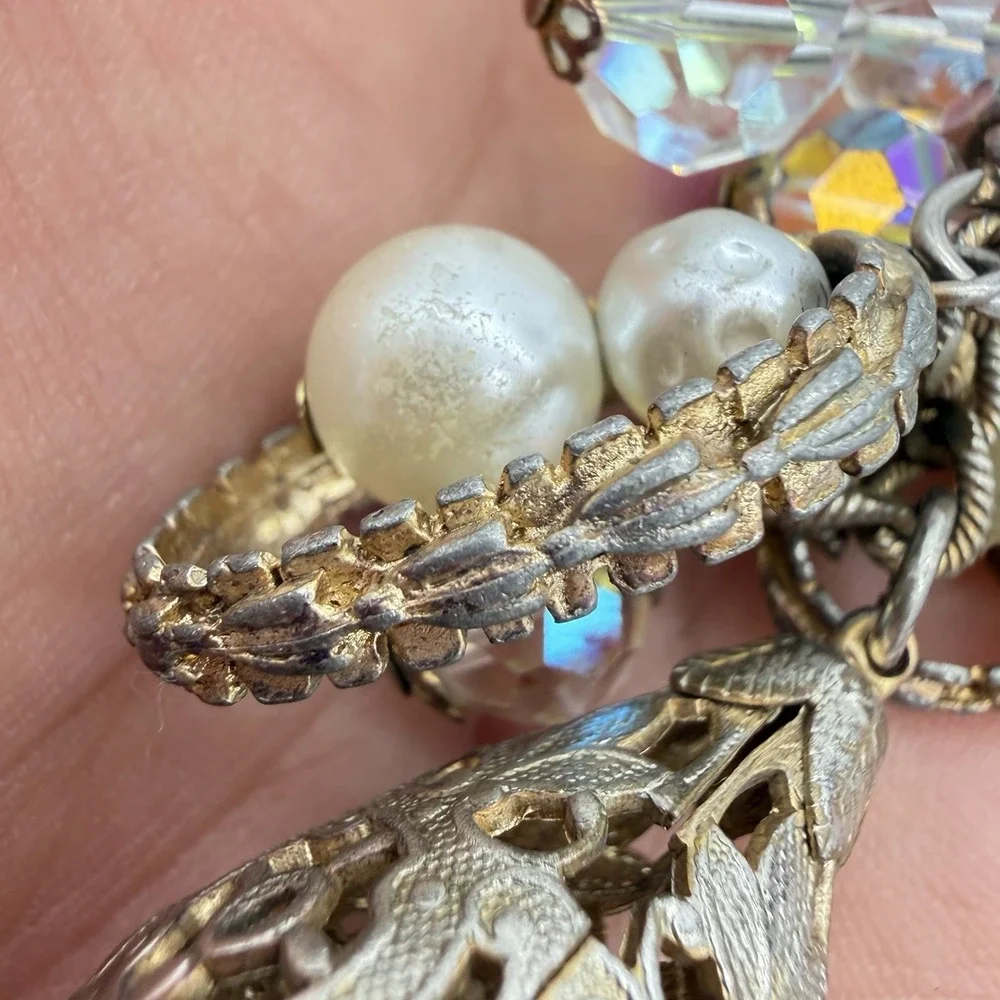 Vintage Charm Bracelet Dangling AB Crystal Faux Pearl Ball Filigree Read